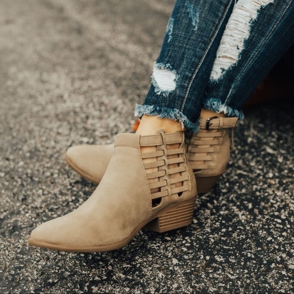 Chic Taupe Cutout Sides Low Heel Ankle Booties - Picture 2 of 8